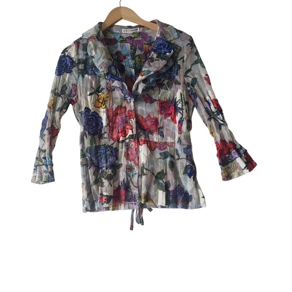 Vintage Button Up Blouse Women Medium Multicolor Floral Butterfly Y2K Fairycore